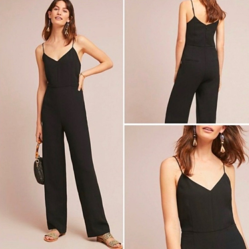 Anthropologie The Essential Jumpsuit Black Wide Leg Womens Sz 0 Viscose Minimal‎
